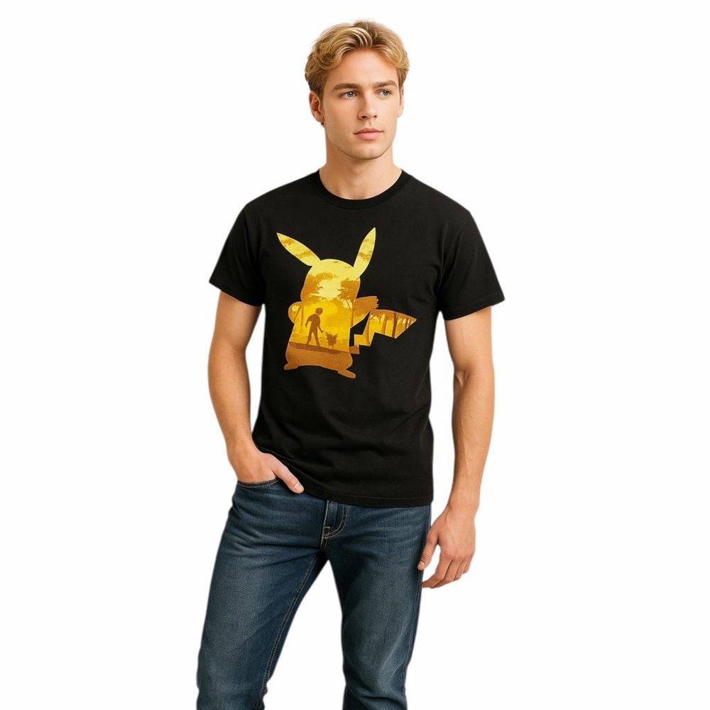 Pikachu Graphic T-Shirt Mens S Black Casual Cartoon Anime Crew Neck Gamer Tee